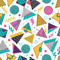 Obraz premium A vibrant seamless pattern featuring a variety of geometric shapes in bold colors set against a clean white background for a modern playful look