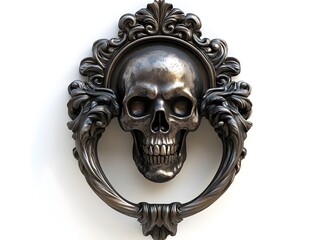 Haunting Metallic Gothic Skull Door Knocker on Isolated White Background 3D Rendering
