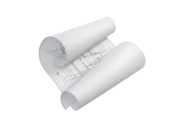 A sheet of paper with blueprints is twisted on both sides. Vector illustration