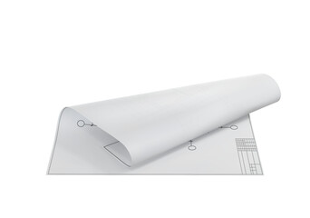 A white sheet with blueprints  lies with a bent edge on a white background. Vector illustration