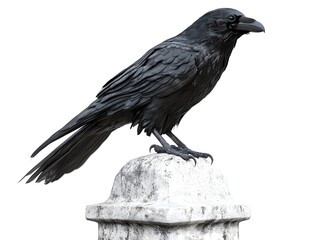 Fototapeta premium Haunting Raven Perched on Weathered Gravestone Foreboding Gothic Mood Stark White Backdrop