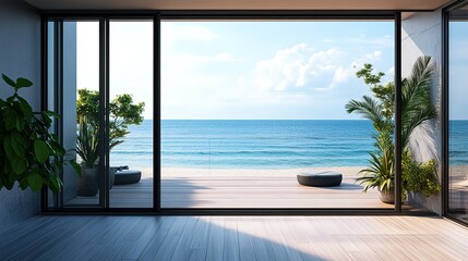 Terrace with panoramic windows overlooking the sea. Black balcony room with access to the beach. modern interior design Studio mockup