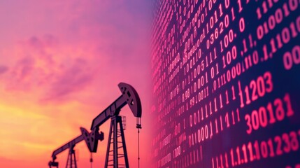 Oil pumps against a colorful sky and digital binary code backdrop.