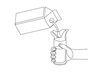 Continuous single line sketch drawing of hand pouring paper box carton of fresh milk juice into glass. Product package one line art concept vector illustration