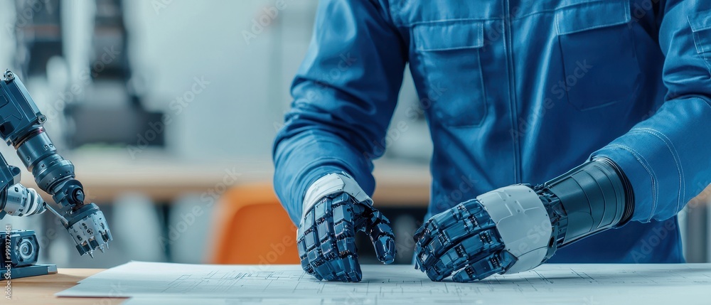 Poster robotic hands assembling plans in a modern engineering environment.