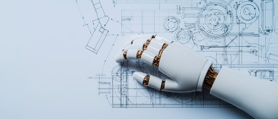 Robot hand on engineering blueprint, white isolated background.