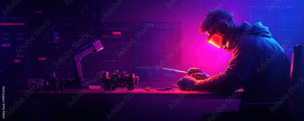 Poster technician working on electronic devices in a colorful, illuminated workspace.