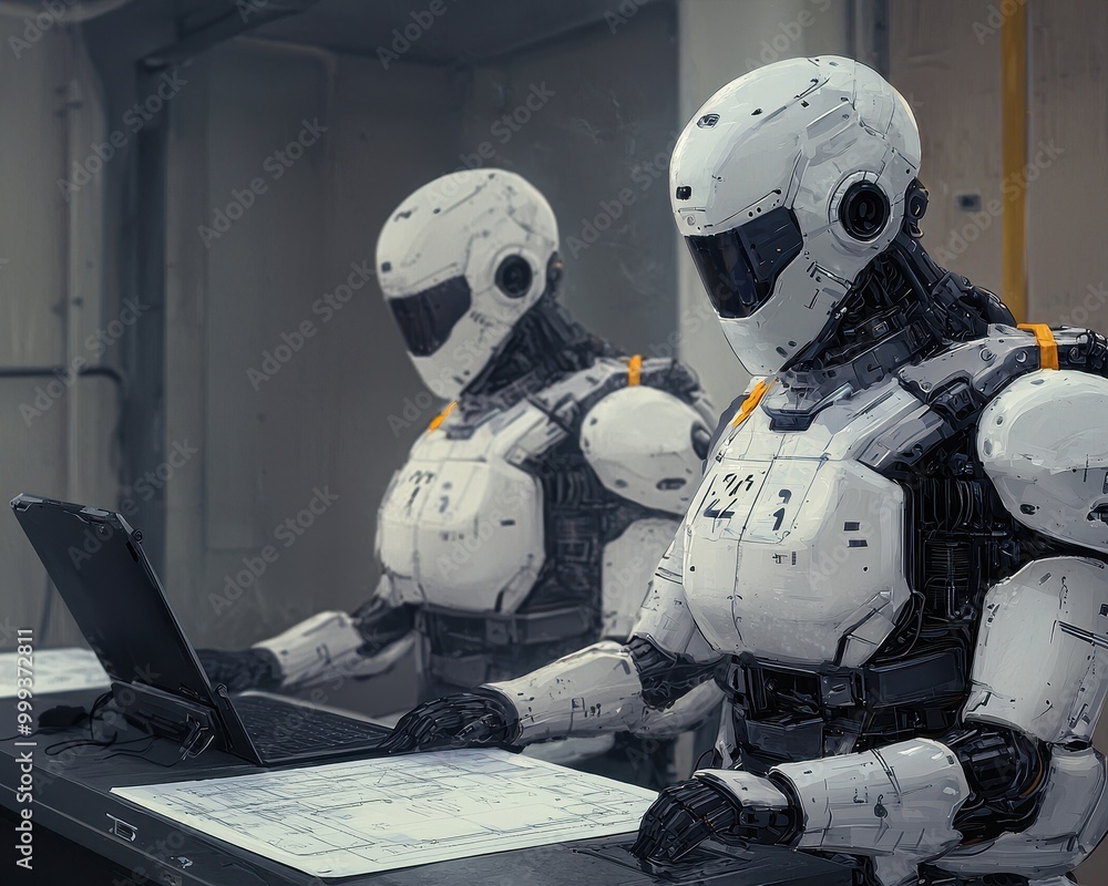 Poster two humanoid robots working on laptops in a modern environment.