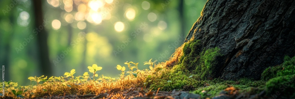 Poster lush moss enveloping a tree trunk, vivid greens contrasting with a softly blurred forest backdrop, i