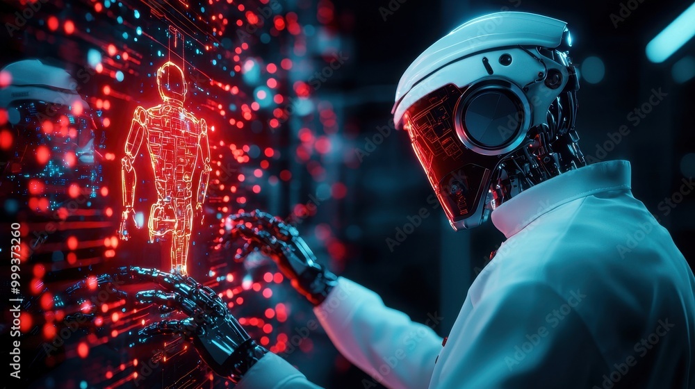 Poster a futuristic robot interacts with a glowing hologram in a digital environment.