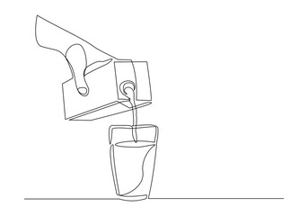 Continuous single line sketch drawing of hand pouring paper box carton of fresh milk juice into glass. Product package one line art concept vector illustration