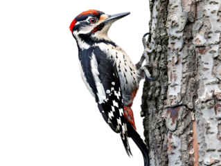 woodpecker on tree trunk isolated on transparent background