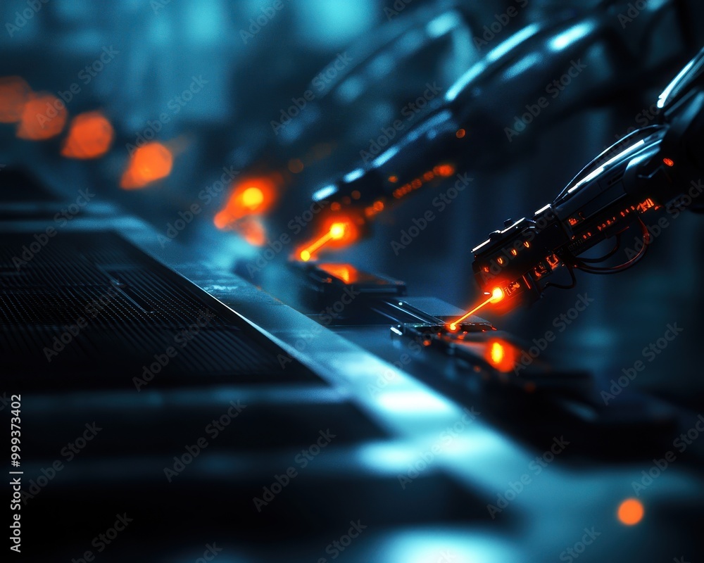 Poster advanced robotic arms working in a high-tech manufacturing environment.