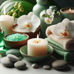 Serene spa setting with green accents, soft towels, a lit candle, and orchid flowers