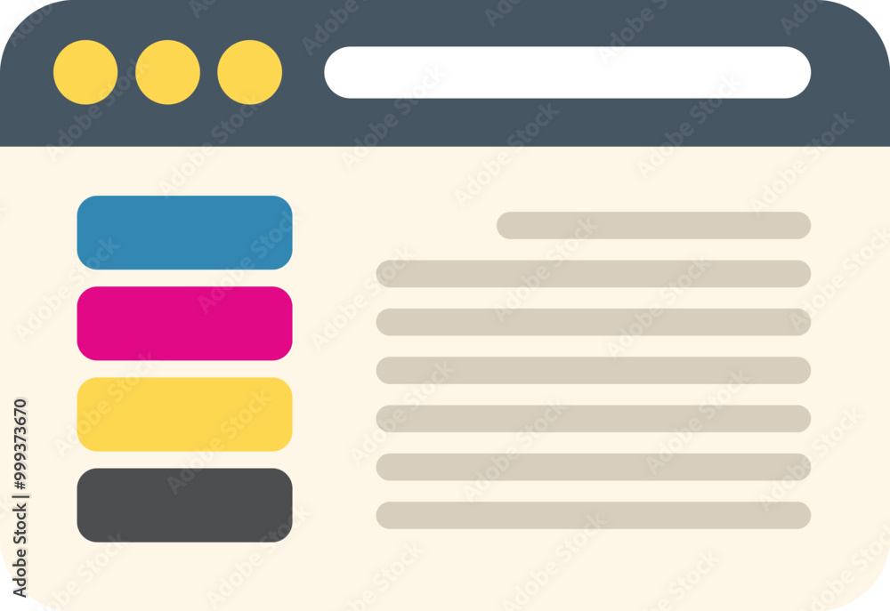 Poster simple flat illustration of a web page with programming code, buttons and a menu bar