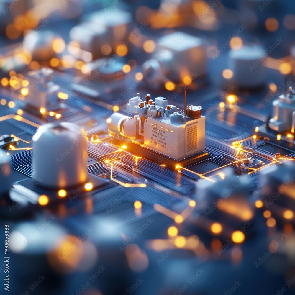 Poster close-up of a circuit board with glowing components and intricate details.