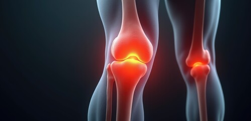 This 3D illustration depicts knee joints with a glowing red inflammation, ideal for medical and health-related content focusing on joint pain, treatment, and anatomy.