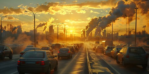 A highway jammed with vehicles emitting exhaust fumes