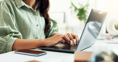 Hands, typing and woman in home office with laptop, research or networking for freelance project....