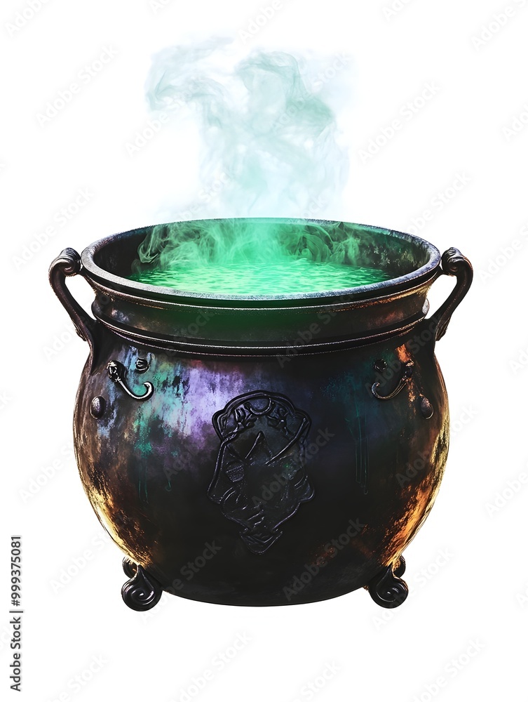 Poster mystical emerald cauldron brewing luminescent potion with billowing mist clouds in dramatic chiarosc