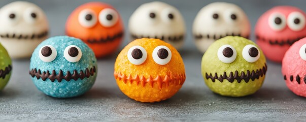 Colorful, playful dessert balls with eyes, arranged on a textured surface.