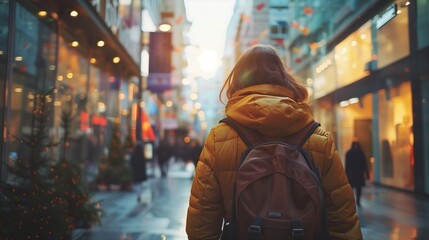 Young Woman Exploring Busy Shopping Street at Sunset - Urban Lifestyle and Travel