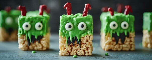 Playful monster-themed rice crispy treats decorated with green frosting and candy eyes.