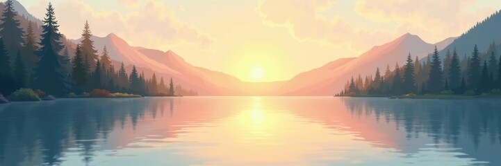 Fototapeta premium A serene landscape depicting a sunset over a tranquil lake, surrounded by mountains and pine trees, perfect for nature-themed projects and relaxation visuals.