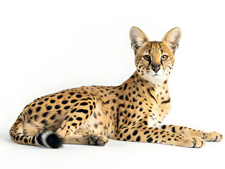 serval cat lying isolated on white background