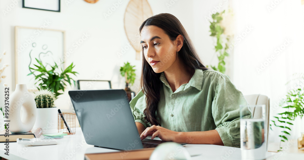 Poster Business woman, laptop and planning in office with entrepreneur and ideas for project. Working, professional and workplace with staff and writing press release for website of publicity consultant