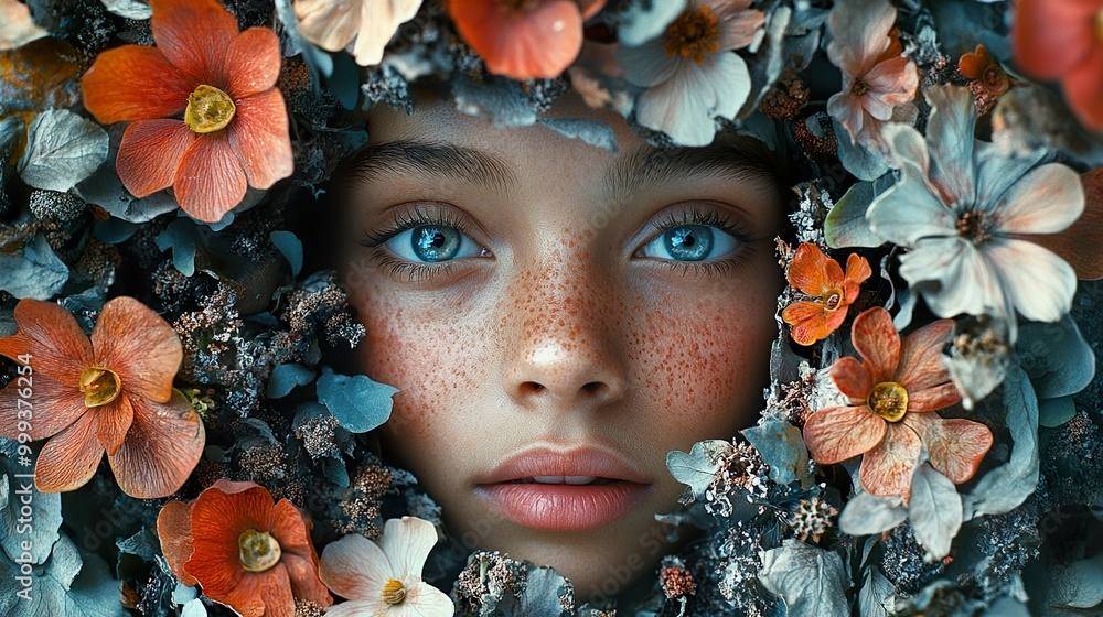 Wall mural Close-up Portrait of a Girl Surrounded by Flowers