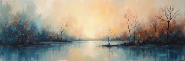 A serene landscape featuring a tranquil river at sunrise, surrounded by soft colors and silhouettes of bare trees, perfect for evoking calmness in nature-themed projects.