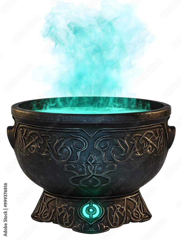 Poster ornate witch s cauldron simmering with luminescent emerald potion on isolate white background