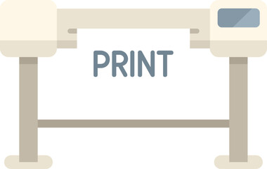 Large format printer is printing on white background, in flat design style
