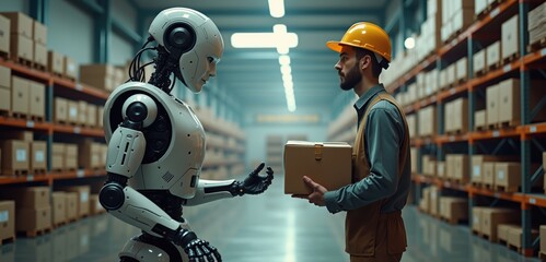 A human worker interacts with a humanoid robot in a warehouse setting, showcasing the collaboration between technology and labor in modern logistics.