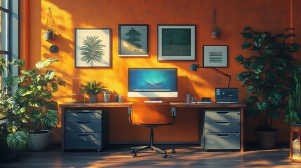 A modern home office with a wooden desk, a computer, and a comfortable chair. The room is decorated with plants and art, and the sun is shining in through the window.