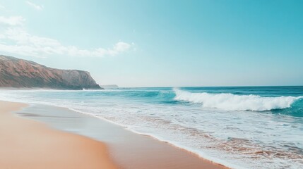 Obraz premium Inspirational quote over a scenic beach with gentle waves and a clear sky, perfect for a calm, peaceful message.