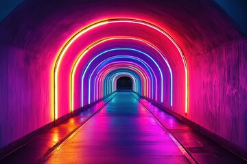 A colorful road leading to the distance, illuminated by neon lights in rainbow colors