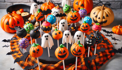Obraz premium Halloween-themed cake pops shaped like pumpkins, ghosts, and witches displayed on a festive table with jack-o'-lanterns, creating a spooky and fun atmosphere