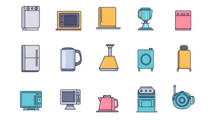 Home Appliances thin line icon set. such as iron, refrigerator, washing machine, microwave, air conditioner, television, coffee maker, vacuum cleaner, toaster