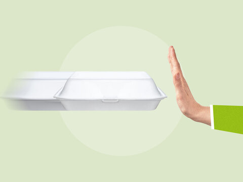 Hand signal stop foam food container, recycling concept, zero waste, plastic-free, art collage