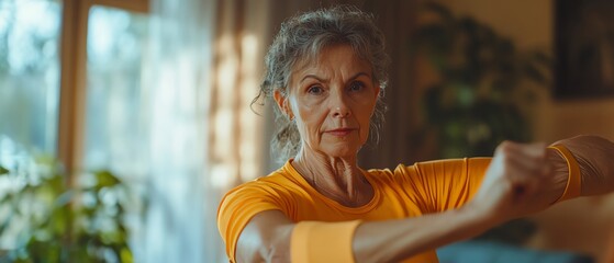 Active senior woman doing stretching and resistance band exercises at home, addressing joint and muscle pain, backache treatment, and recovery therapy