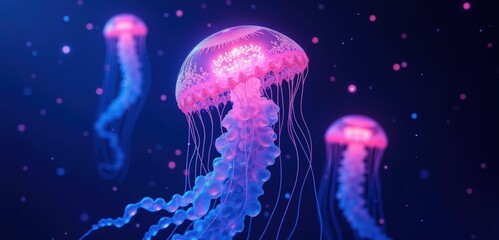 Fototapeta premium Stunning underwater scene featuring glowing jellyfish in vibrant colors, perfect for marine life themes, educational content, or creative backgrounds.