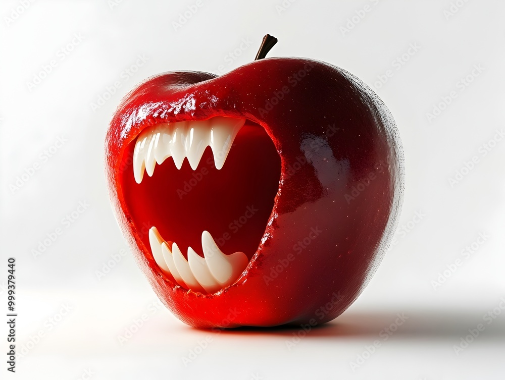 Poster Vampire Fangs Sinking Into a Glowing Red Apple on a Stark White Background