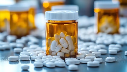 Closeup of medicine bottles and pills for pain relief, focused on treatment for aches and discomfort, healthcare and medication