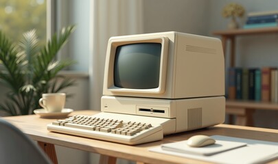 Vintage desktop computer on a wooden desk, capturing a nostalgic feel of the tech era. Perfect for retro designs, technology history, and workspace aesthetics.