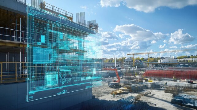 Generate a photo realistic image of digital twin simulations for a construction project, with digital twin models, simulation software interface, data analysis, and construction site background 
