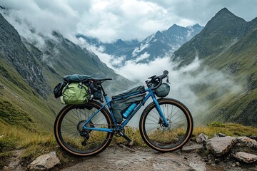 Fototapeta premium A blue bike with gear on the front and back stands against an impressive mountain landscape