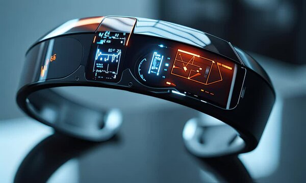 A futuristic wearable device featuring digital displays and sleek design.
