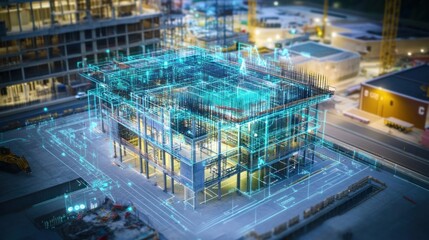Generate a photo realistic image of digital twin simulations for a construction project, with digital twin models, simulation software interface, data analysis, and construction site 